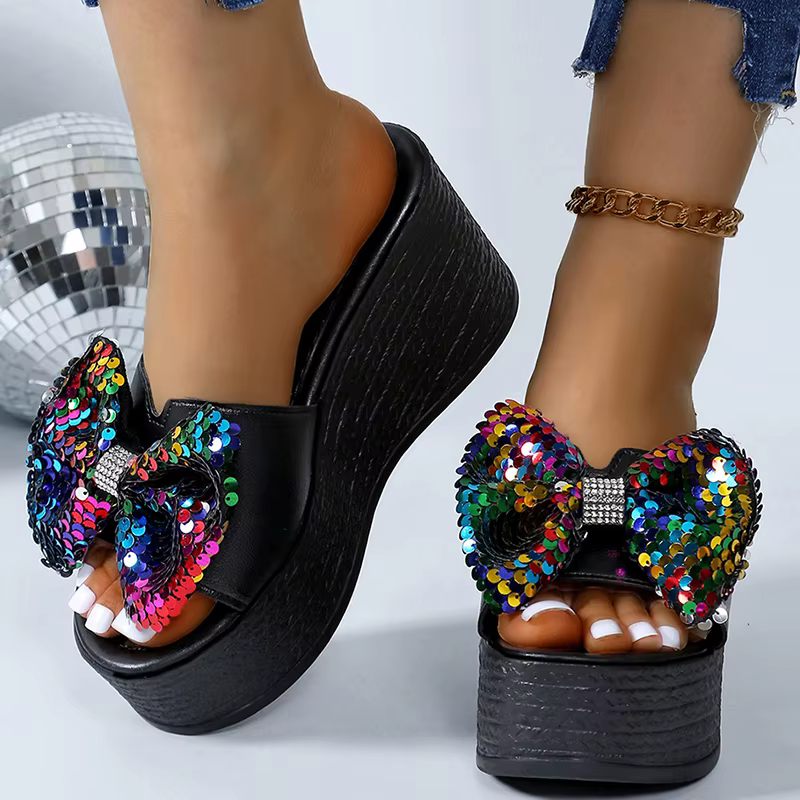 Casual Platform Colorful Glitter Big Bowtie Slides Thick Bottom Slippers