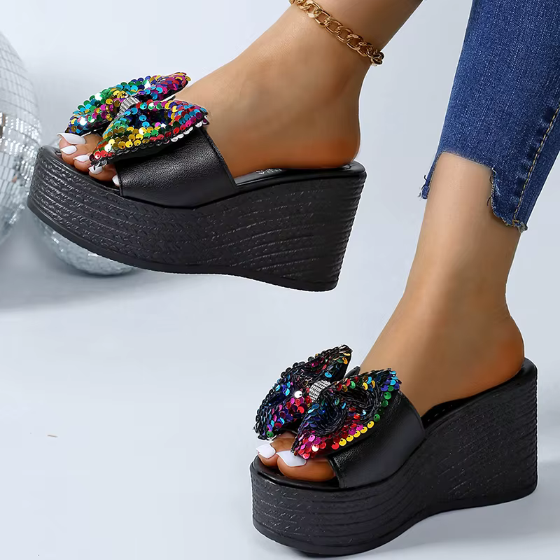 Casual Platform Colorful Glitter Big Bowtie Slides Thick Bottom Slippers - Image 2