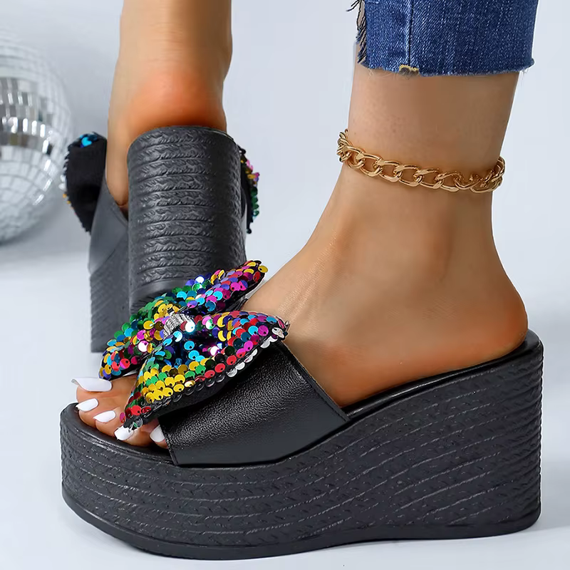 Casual Platform Colorful Glitter Big Bowtie Slides Thick Bottom Slippers - Image 3