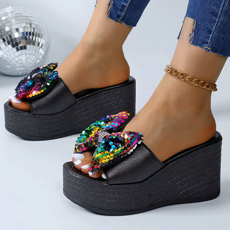 Casual Platform Colorful Glitter Big Bowtie Slides Thick Bottom Slippers - Image 4