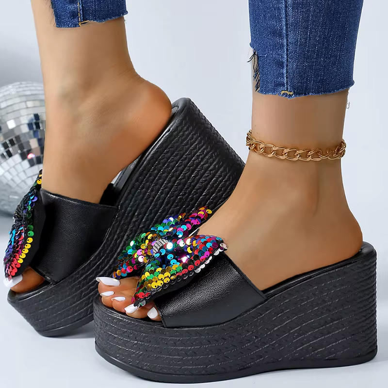 Casual Platform Colorful Glitter Big Bowtie Slides Thick Bottom Slippers - Image 5