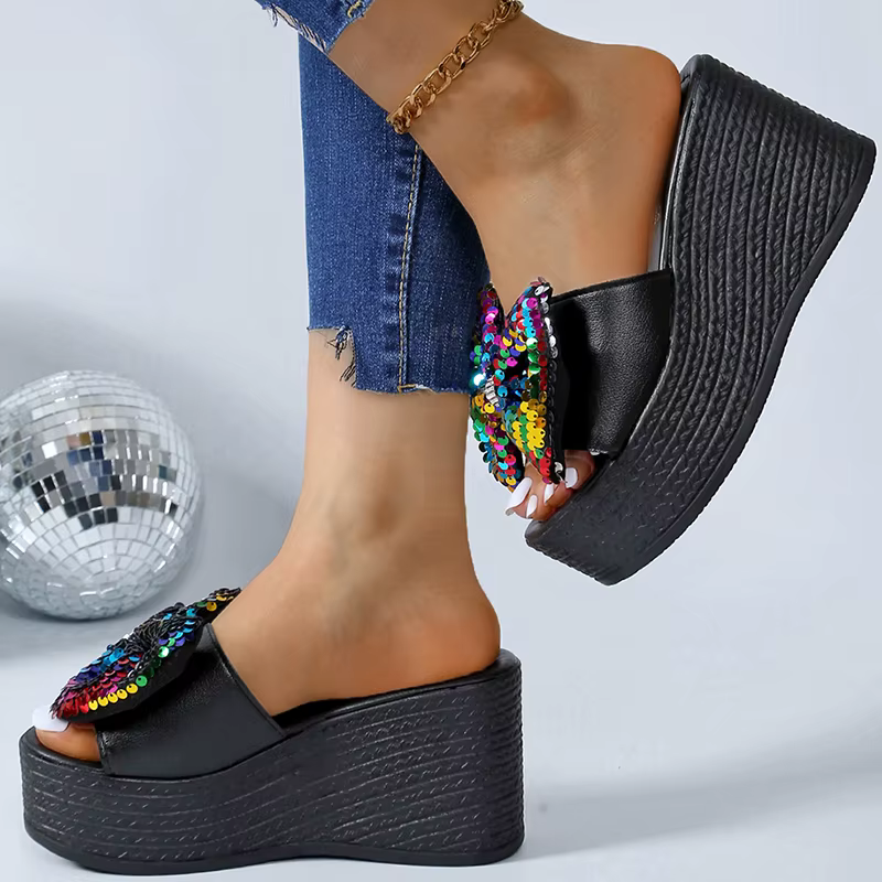 Casual Platform Colorful Glitter Big Bowtie Slides Thick Bottom Slippers - Image 6