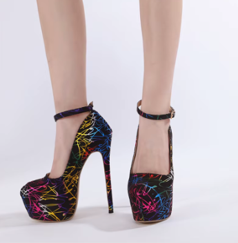 Casual Platform Pumps Mixed Colors Round Toe Buckle Strap High Heels - Image 4