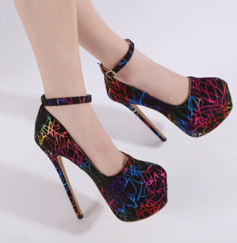 Casual Platform Pumps Mixed Colors Round Toe Buckle Strap High Heels - Image 6