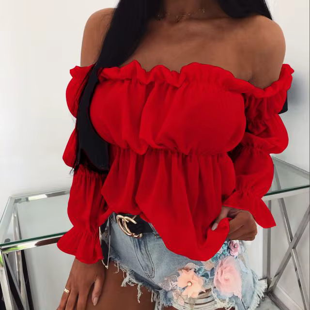 Casual Pleated Long Sleeve Solid One-line Collar Waist Ruffle Crop Top