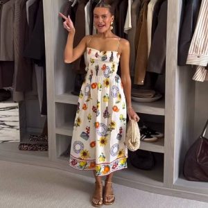 Casual Pleated Robe Print Strap Sleeveless Backless Loose Midi Dress