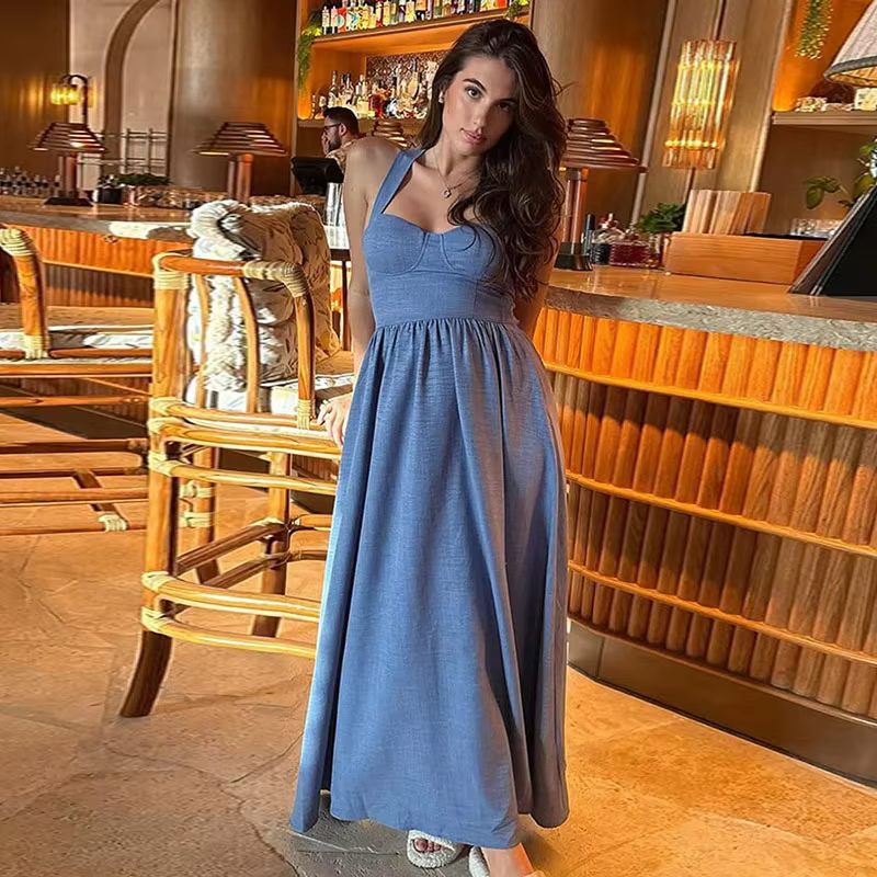 Casual Pleated Solid Sleeveless Halter Lace Up Long Denim Maxi Dress