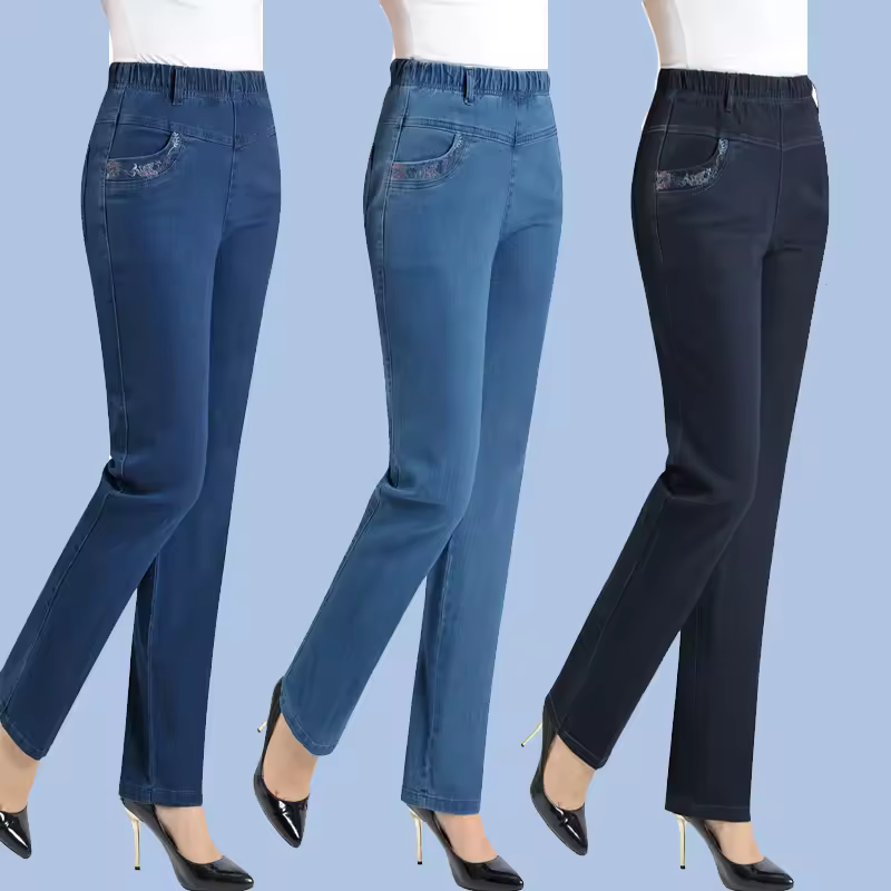 Casual Pocket Embroidery High Waist Stretch Straight Leg Pants - Image 4