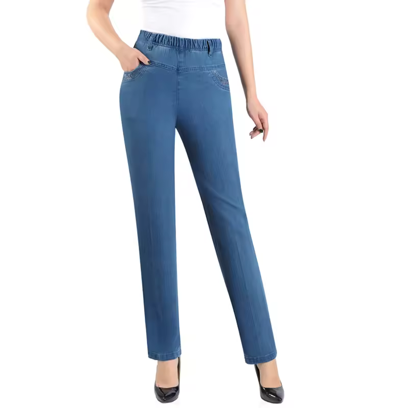 Casual Pocket Embroidery High Waist Stretch Straight Leg Pants