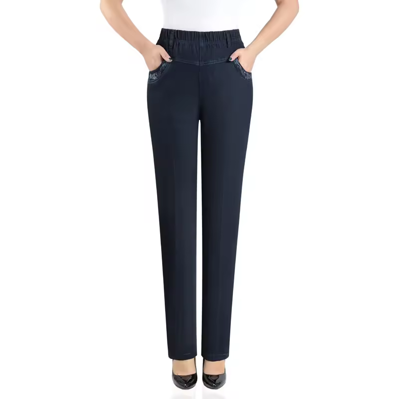Casual Pocket Embroidery High Waist Stretch Straight Leg Pants - Image 3