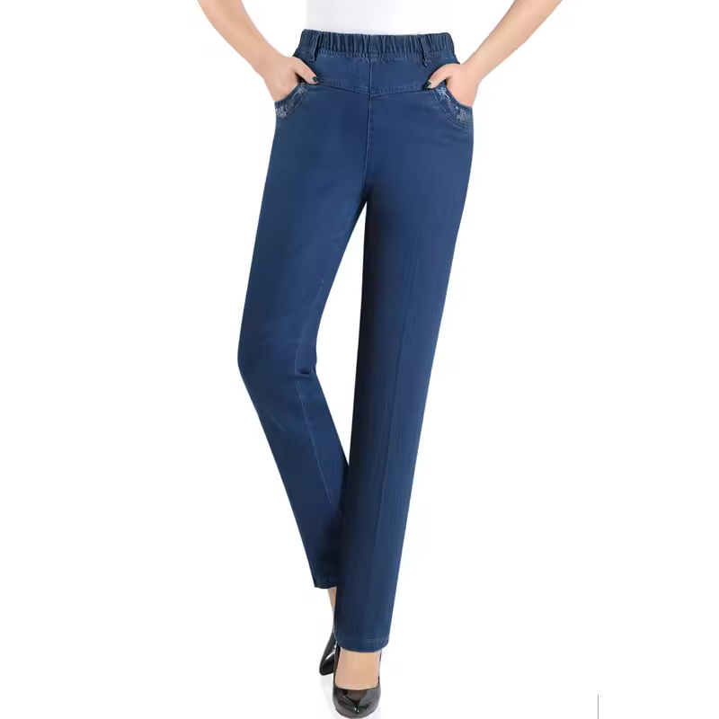 Casual Pocket Embroidery High Waist Stretch Straight Leg Pants - Image 2