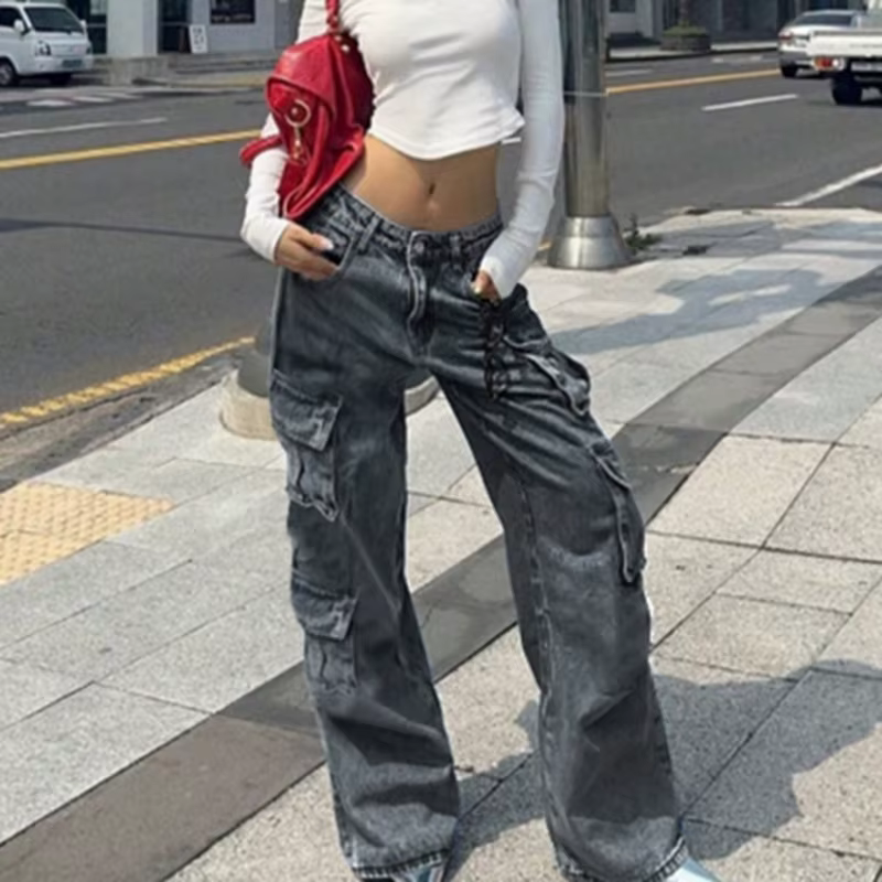 Casual Pockets Trendy Trousers Retro High-Waisted Straight Leg Jeans