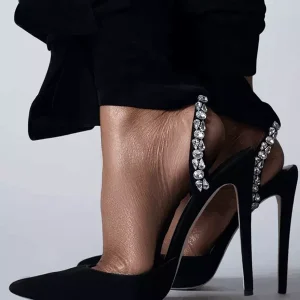 Casual Pointed Toe Rhinestones Lace Up Slingback Pumps Suede High Heel