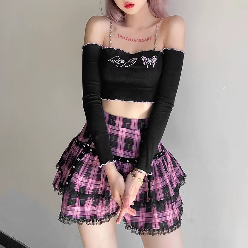 Casual Preppy Style Plaid Pleated Gothic Lace Ruffle Loose Mini Skirts - Image 3