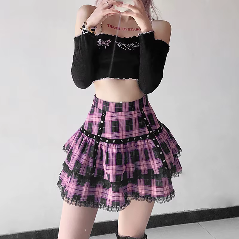 Casual Preppy Style Plaid Pleated Gothic Lace Ruffle Loose Mini Skirts