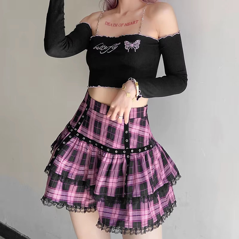 Casual Preppy Style Plaid Pleated Gothic Lace Ruffle Loose Mini Skirts - Image 2