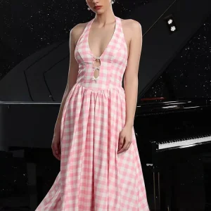 Casual Printed Check V-Neck With Halter Neck And Shirred Back Midi Dress