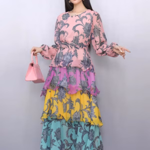 Casual Printed Chiffon Long Sleeve Contrast Color Splicing Midi Dress