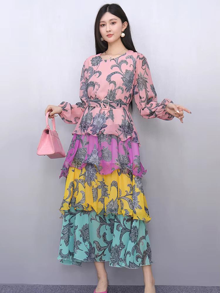 Casual Printed Chiffon Long Sleeve Contrast Color Splicing Midi Dress