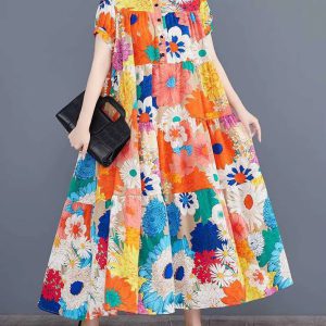 Casual Printed O-Neck Short Sleeved Loose Big Code Midi Dress