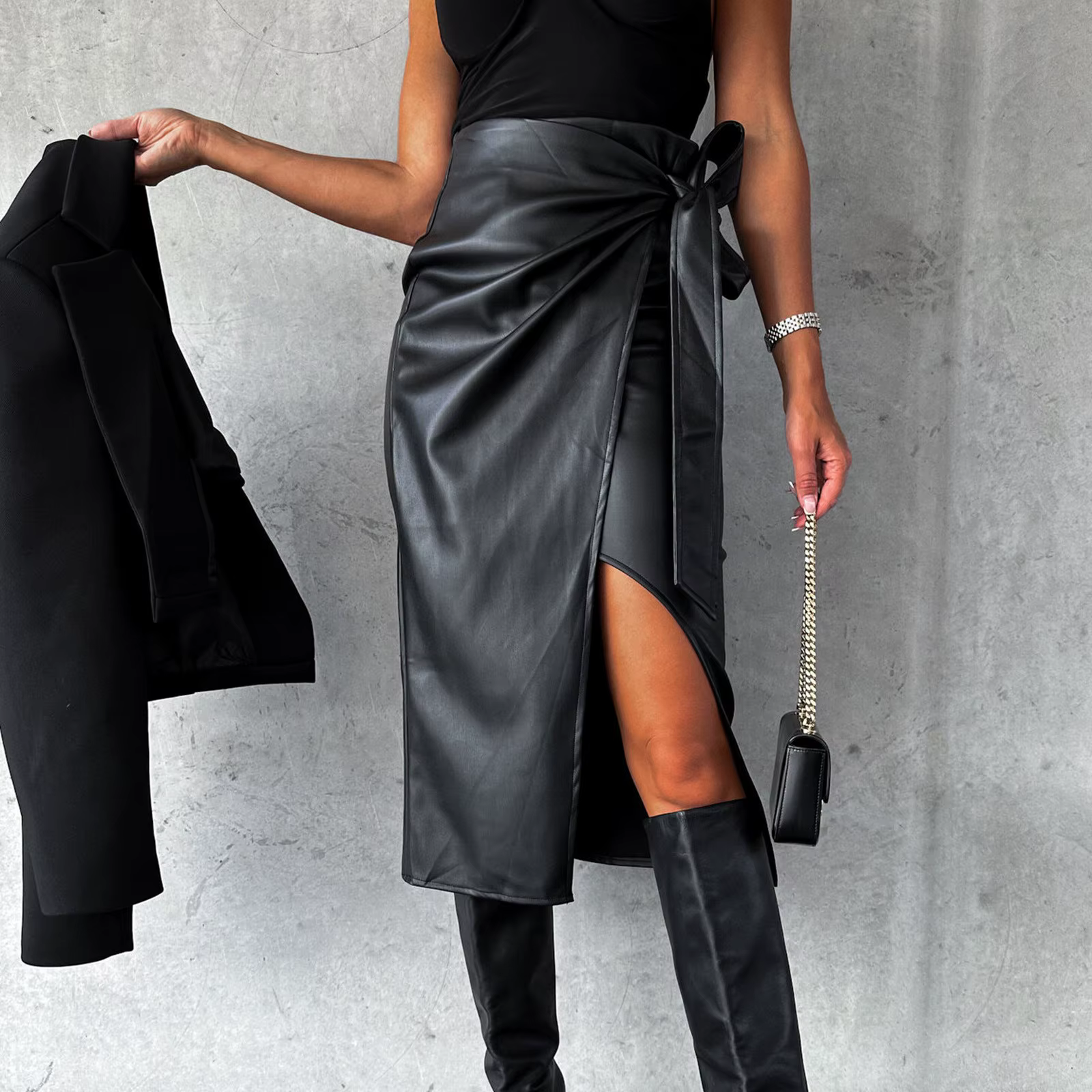 Casual Pu Leather Irregular High Waist Slim Midi Length Skirt