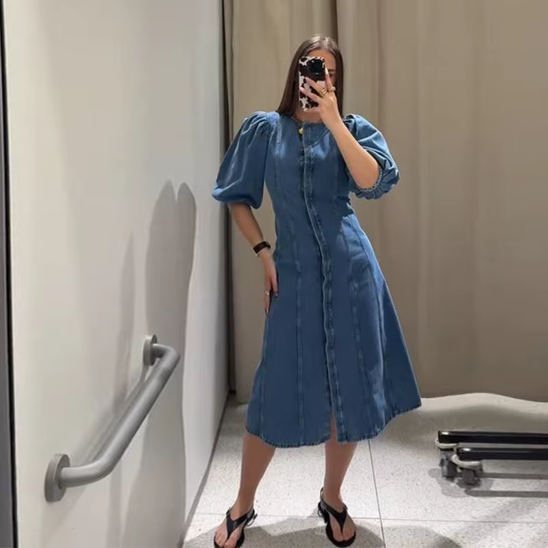 Casual Puff Short Sleeve O-neck Covered Button Fit A-line Midi Dress