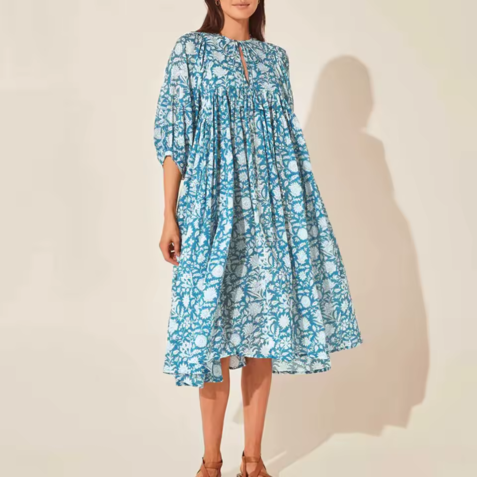 Casual Puff Sleeve Swing Floral Half Open Single Breasted Midi Dress