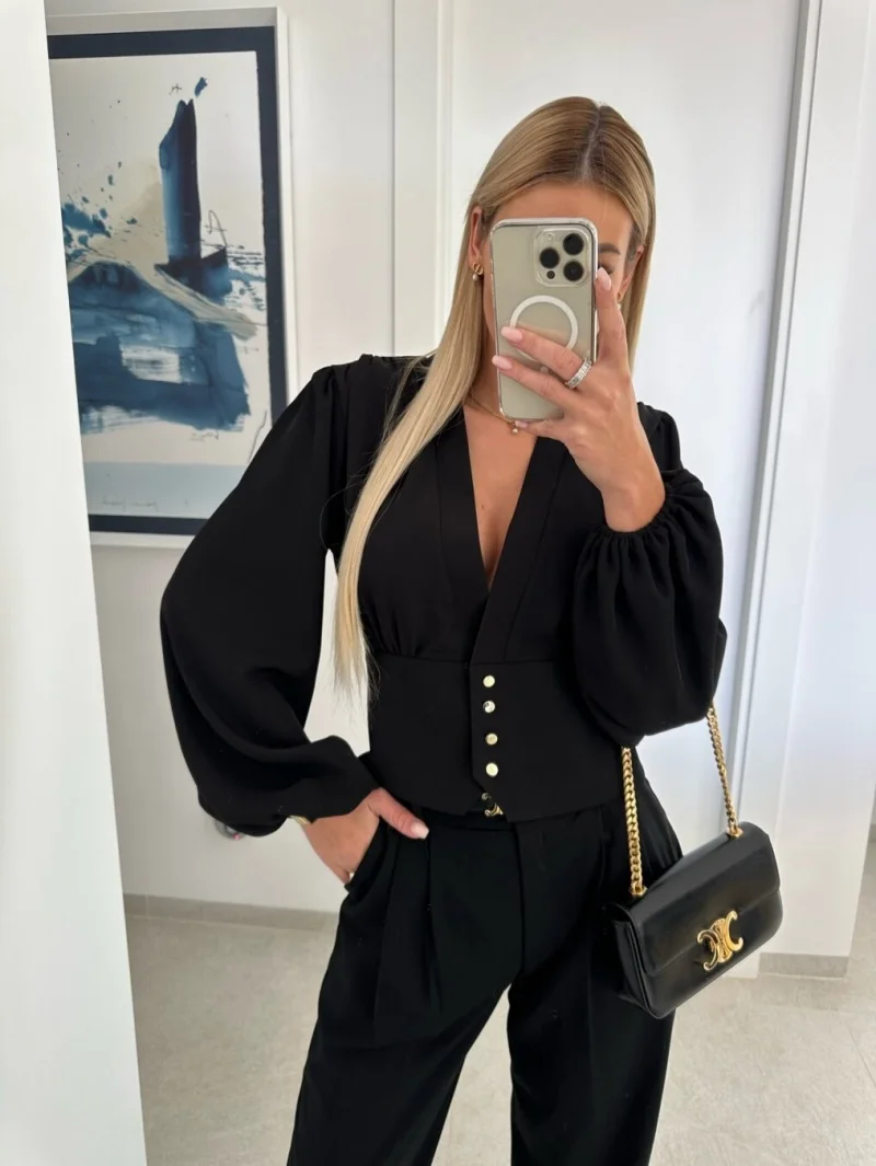 Casual Pullover Deep V-Neck Decorative Smooth Lightweight Skinny Shirt - Image 2