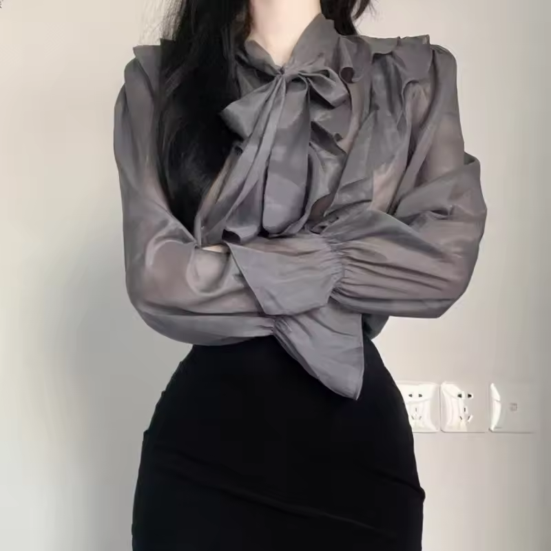 Casual Pullover Long Sleeve Chiffon Sweet Bow Single-Piece Shirt Blouse - Image 3