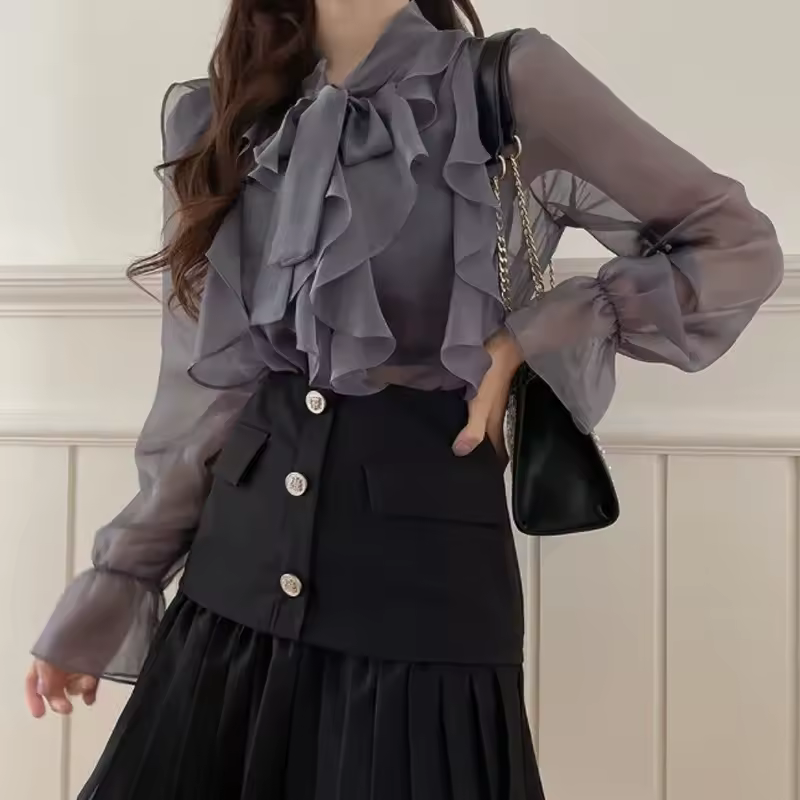Casual Pullover Long Sleeve Chiffon Sweet Bow Single-Piece Shirt Blouse - Image 7