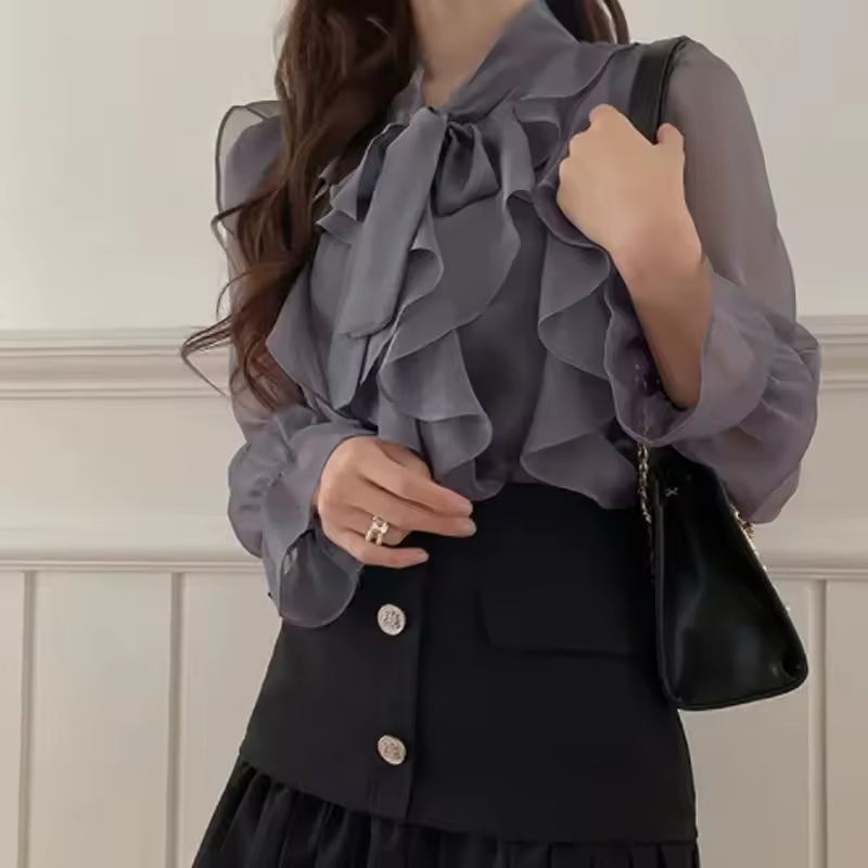 Casual Pullover Long Sleeve Chiffon Sweet Bow Single-Piece Shirt Blouse - Image 6