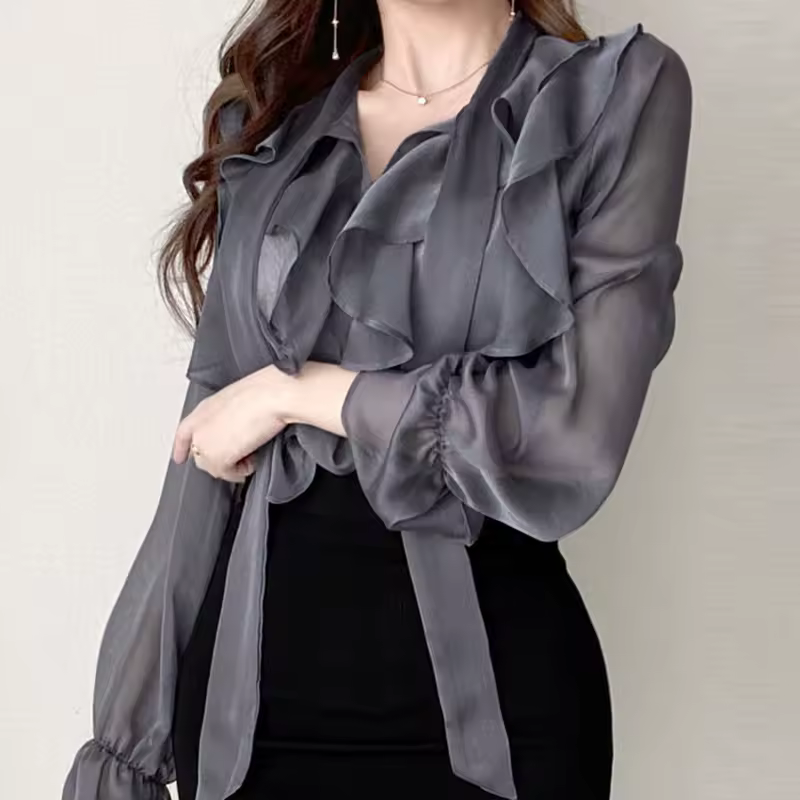 Casual Pullover Long Sleeve Chiffon Sweet Bow Single-Piece Shirt Blouse - Image 4