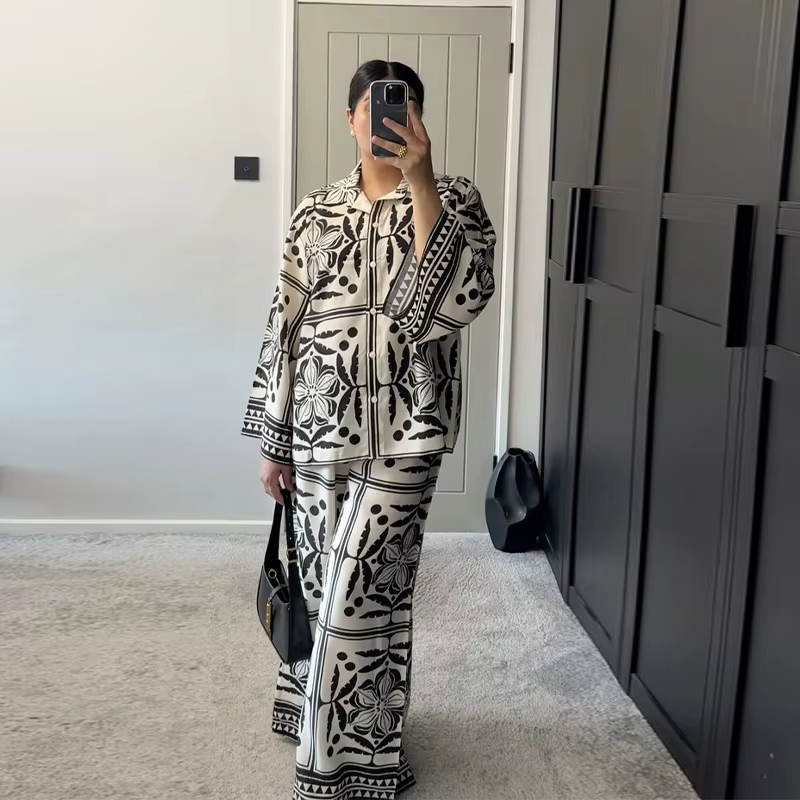 Casual Retro Print Cardigan Loose Pants Long Sleeve Lapel Button Shirt Wide Leg Drawstring Trousers Two Piece Set