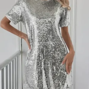 Casual Round Neck Short Sleeve Sequin Pullover Polyester Mini Dress