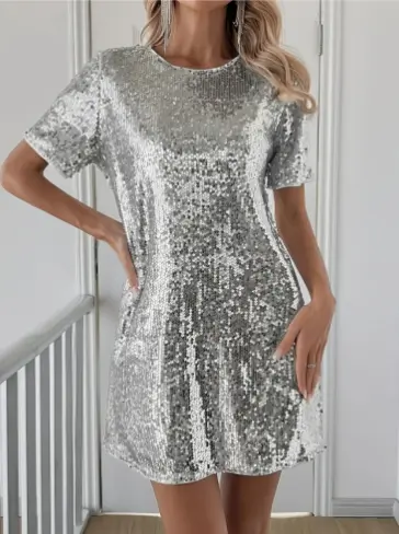 Casual Round Neck Short Sleeve Sequin Pullover Polyester Mini Dress