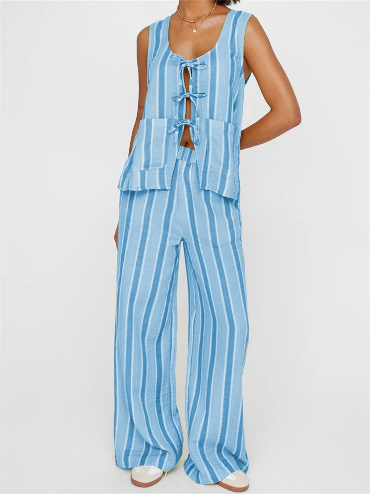 Casual Round Neck Striped Print Tank Tops With Pockets Wide Leg Pants 2 Pieces Set - Image 4