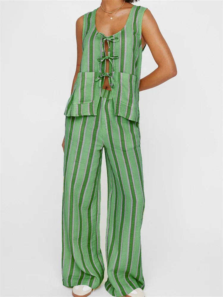 Casual Round Neck Striped Print Tank Tops With Pockets Wide Leg Pants 2 Pieces Set - Image 3
