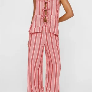 Casual Round Neck Striped Print Tank Tops With Pockets Wide Leg Pants 2 Pieces Set