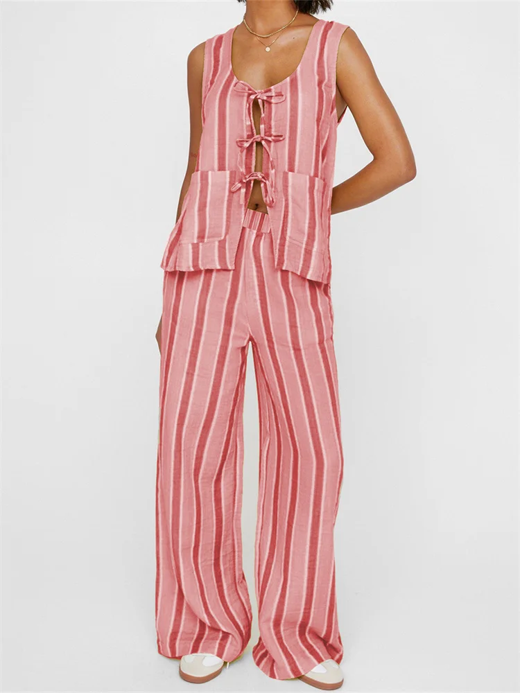 Casual Round Neck Striped Print Tank Tops With Pockets Wide Leg Pants 2 Pieces Set