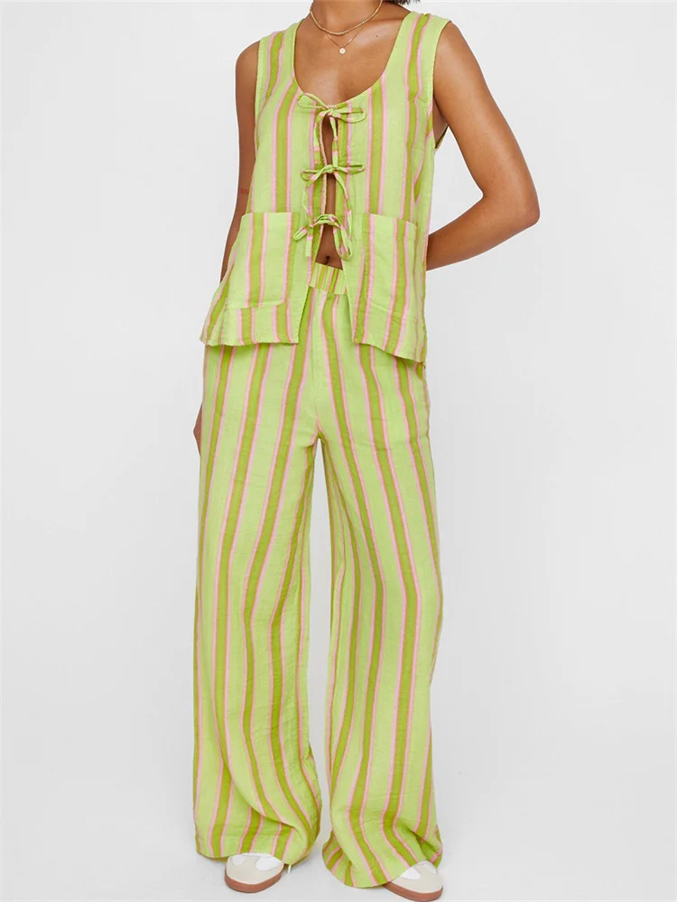 Casual Round Neck Striped Print Tank Tops With Pockets Wide Leg Pants 2 Pieces Set - Image 2