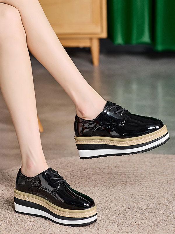 Casual Round Toe Patent Leather Wedge Heel