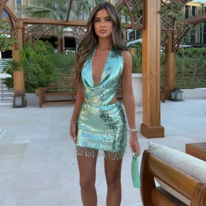 Elegant Sequin  Deep V-neck Sleeveless Ribbon Crop Top Slim Hip Package Mini Skirt Two Piece Set