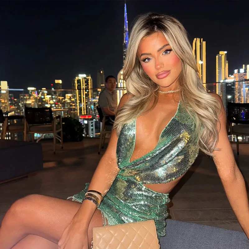 Casual Sequin Deep V-neck Sleeveless Ribbon Crop Top Slim Hip Package Mini Skirt Two Piece Set - Image 9