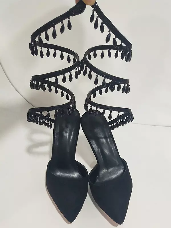 Casual Sequined Pointed Toe Rhinestones Strappy Pumps High Heel - Image 2