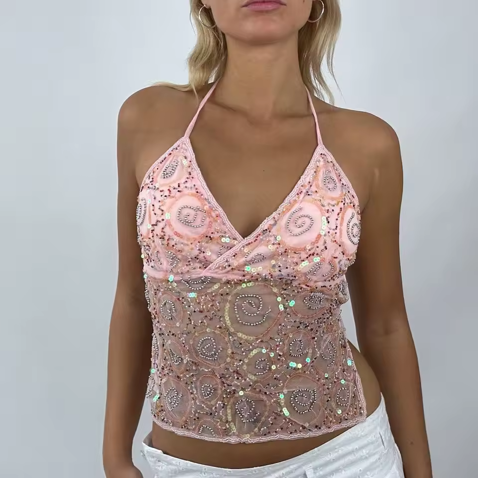 Casual Sequins Shine Bright Like a Diamond in Our Sparkly Halter Neck Tank Top