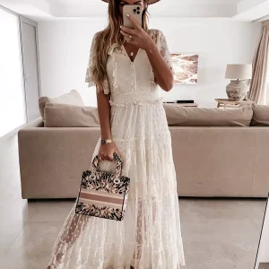 Casual Sheer Layered V-Neckline And Short Sleeves Lace Maxi Dress