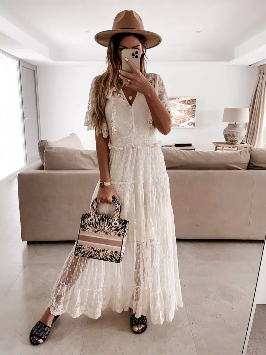 Casual Sheer Layered V-Neckline And Short Sleeves Lace Maxi Dress