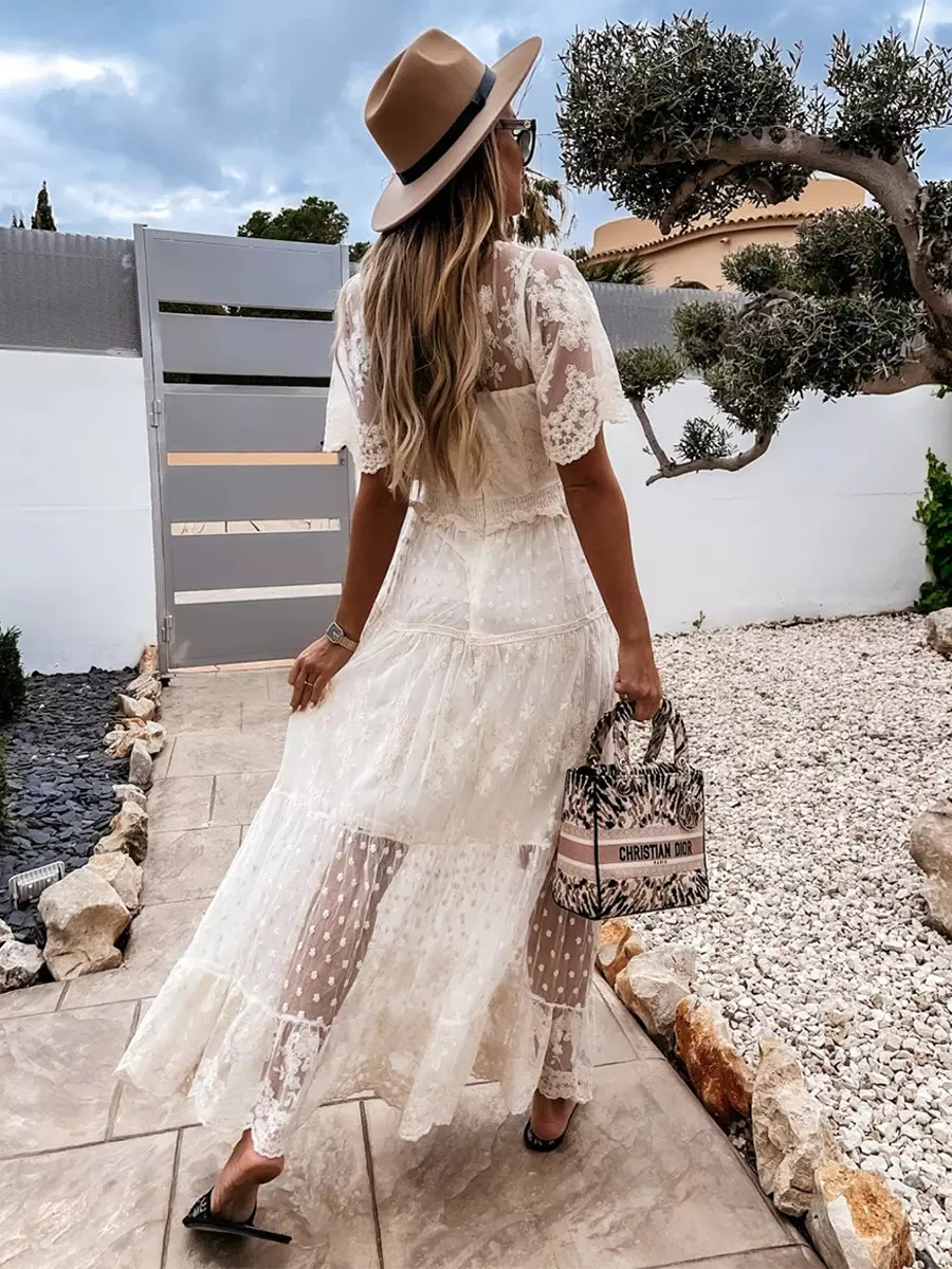 Casual Sheer Layered V-Neckline And Short Sleeves Lace Maxi Dress - Image 5