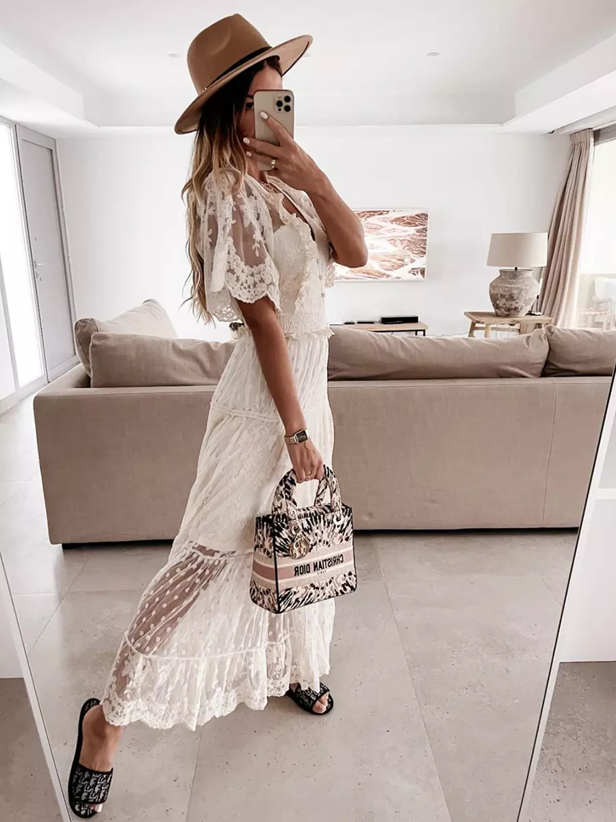 Casual Sheer Layered V-Neckline And Short Sleeves Lace Maxi Dress - Image 4