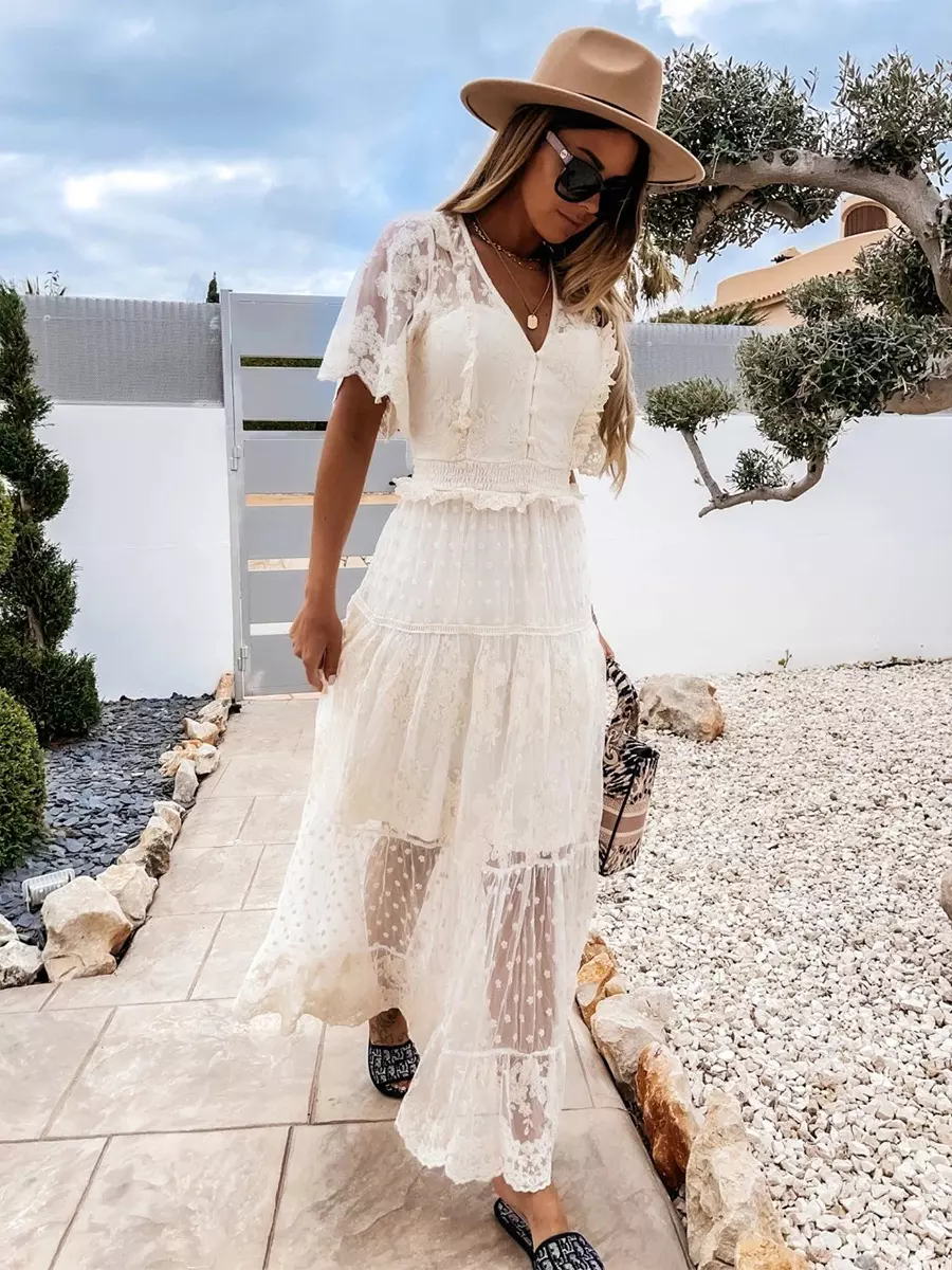 Casual Sheer Layered V-Neckline And Short Sleeves Lace Maxi Dress - Image 3